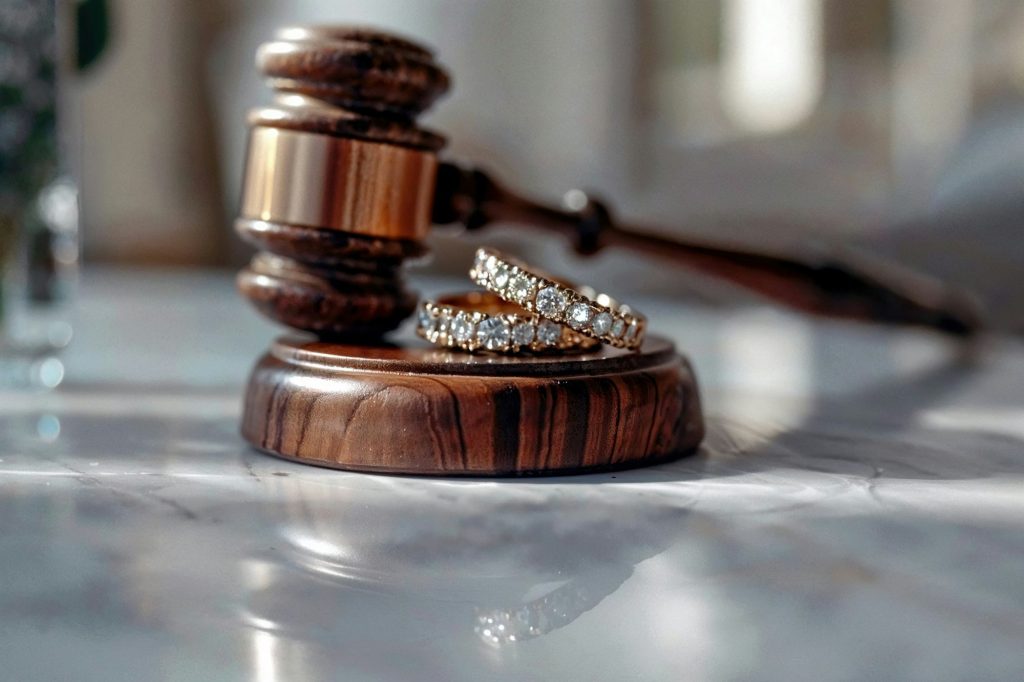 Divorce concept with gavel and wedding rings